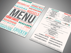 An image of our 70lb premium smooth custom menu cards available for order at Print Mor. Check out our professional menu printing services for your business.