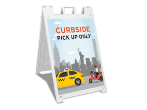An image of our "Curbside Pick Up Only" signage printed at Print Mor. This sidewalk sign is printed on waterproof coroplast material for extra durability.