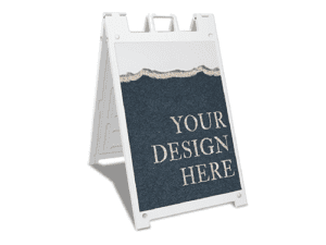 An example of our custom A-frame sidewalk signs for sale online at Print Mor. Customize this high-quality, waterproof sign for your business today.