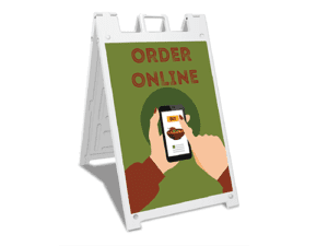 An image of our "Order Online" sidewalk display sign for businesses. This sign comes printed on waterproof coroplast material. Get this sign from Print Mor.