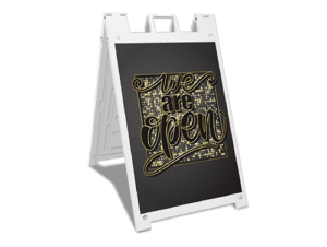 Take a look at this "We Are Open" portable A-frame business sign. It is perfect for when current or potential customers are in front of your business.