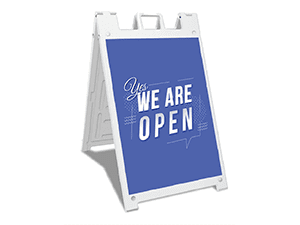 A picture of our "Yes, We Are Open" advertising A-frame sign for sale online at Print Mor. Order this durable sidewalk sign and help your business today.